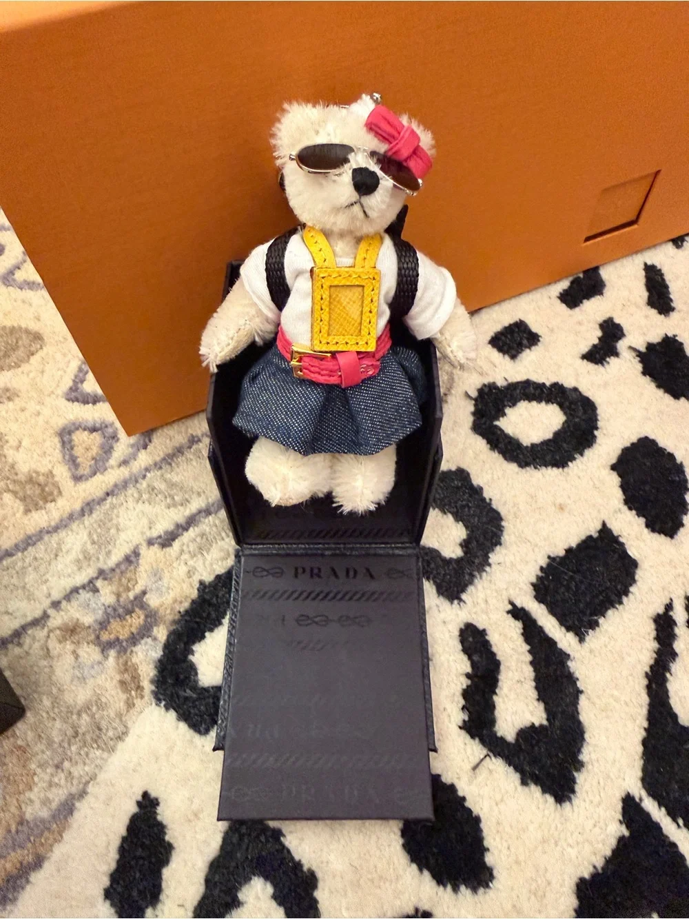 Prada Triangle Plate Bear Backpack with sunglasses Acrylic Ivory White Keychain